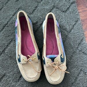 Sperry Tan Leather Boat Shoes with Sequins. Size 10